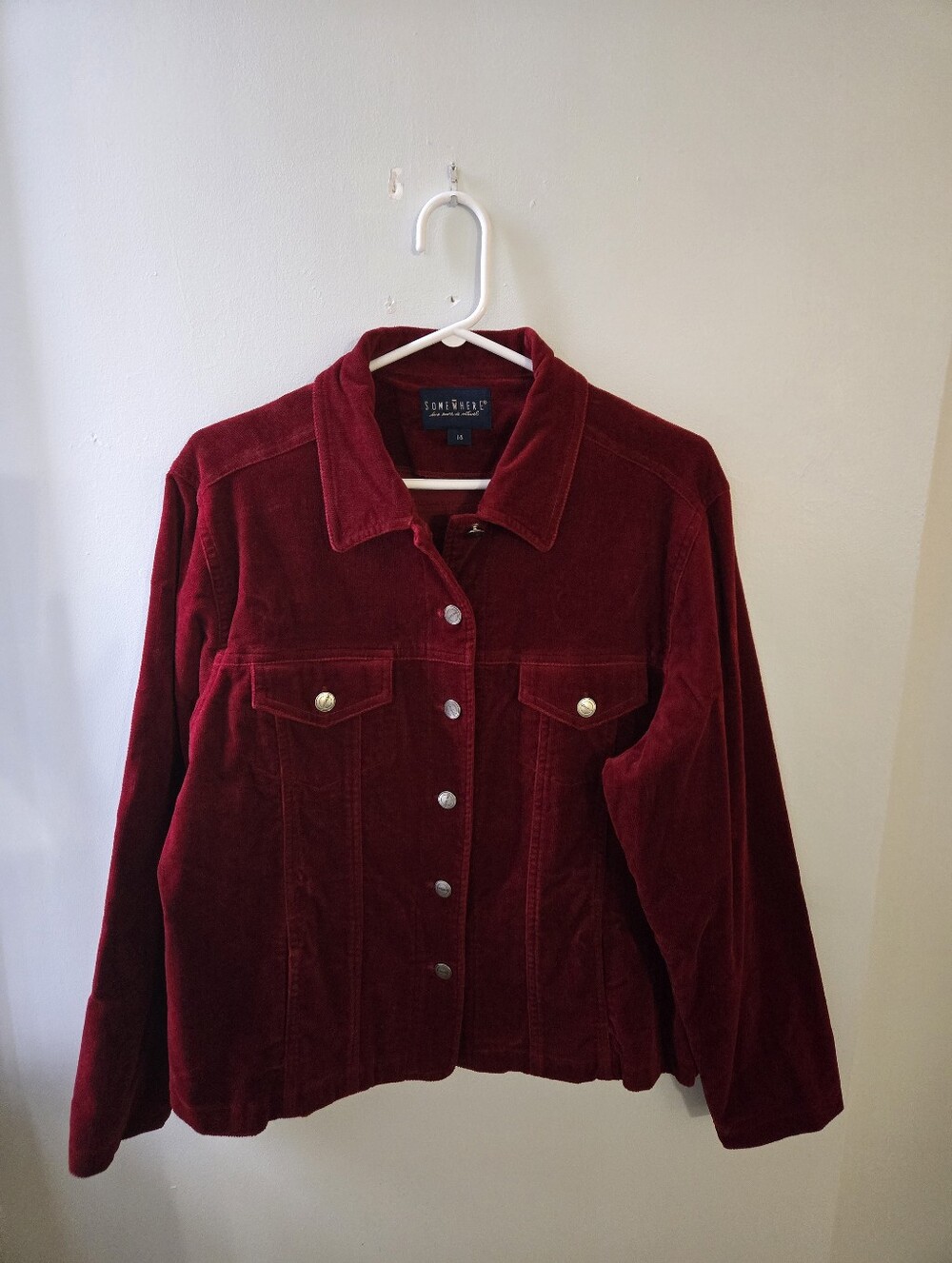 Deep Red Velour Corduroy Button Front Jacket LG/14 By Somewhere Western Chore